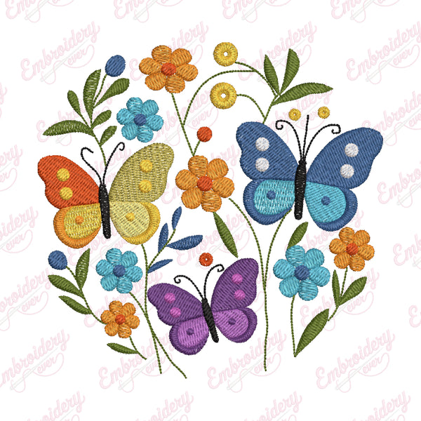 Butterfly In Blossoms Embroidery Design