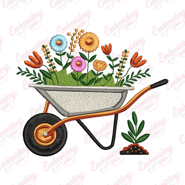 Floral Wheelbarrow Gardening Embroidery Design