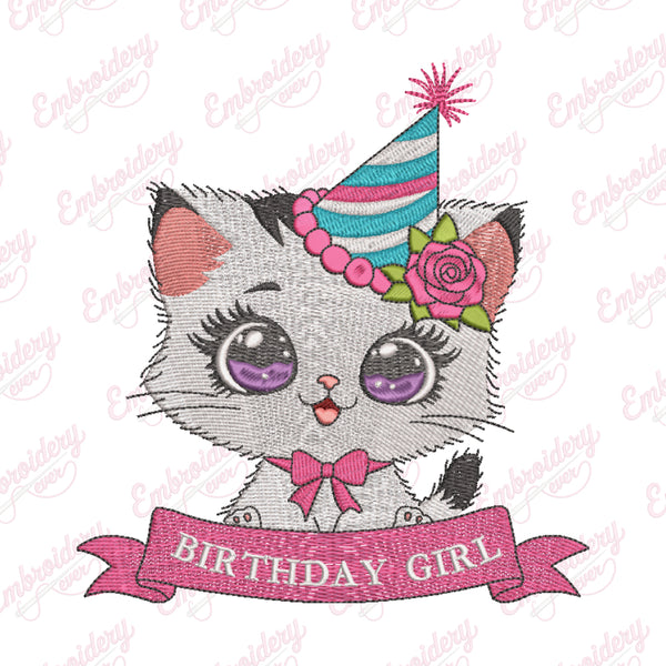 Birthday Girl Kitten Embroidery Design