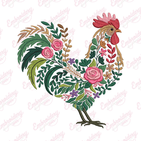 Colorful Botanical Rooster Embroidery Design