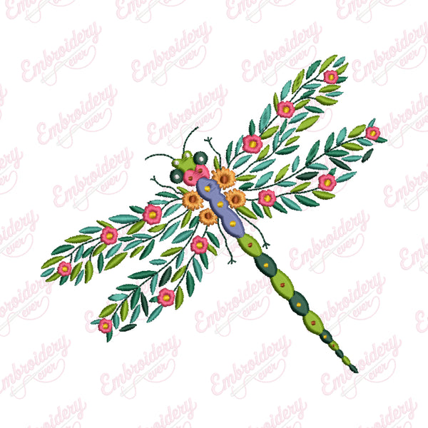 Beautiful Floral Dragonfly Embroidery Design