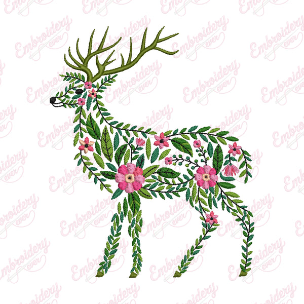 Tropical Leaves And Flowers Deer Embroidery Design