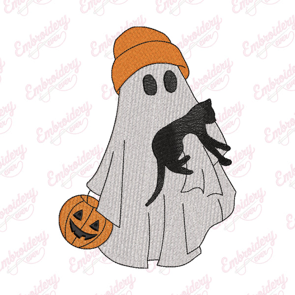 Ghost With Cat Halloween Embroidery Design