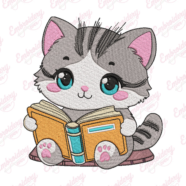 Cat Reading Book Embroidery Design