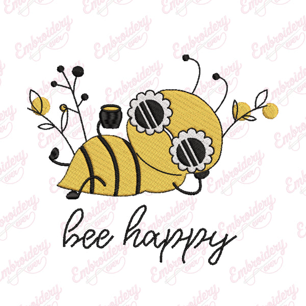Bee Happy Funny Bee Embroidery Design