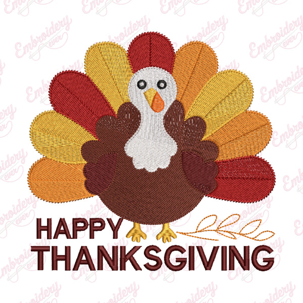 Cartoon Turkey Happy Thanksgiving Embroidery Design