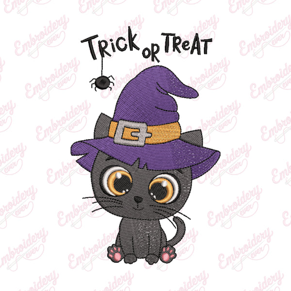 Halloween Witch Cat With Trick Or Treat Embroidery Design