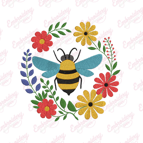 Bee Wreath Of Flowers & Leaves Embroidery Design