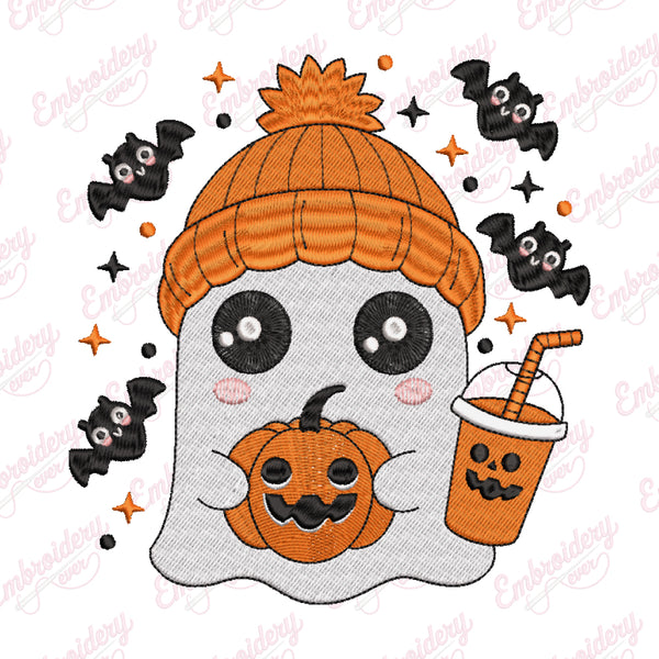 Cute Ghost with Pumpkin and Coffee Halloween Embroidery Design