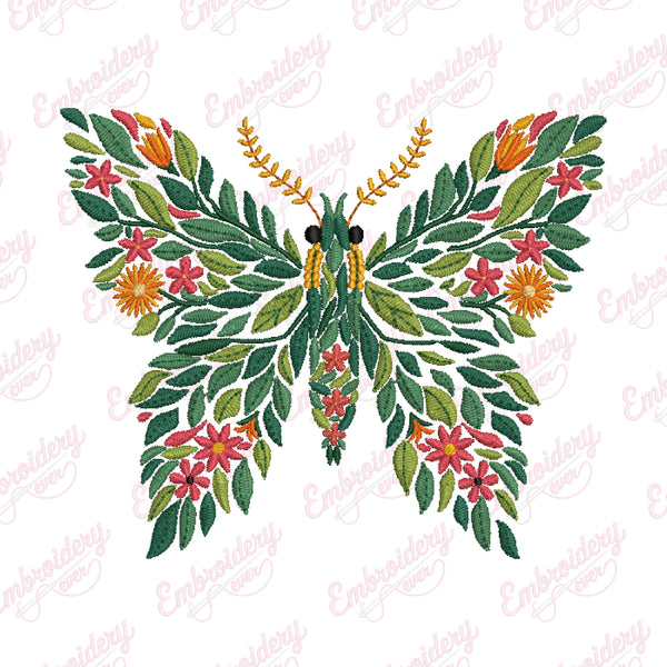 Colorful Botanical Moth Embroidery Design