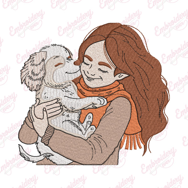 Cute Puppy and Girl Machine Embroidery Design