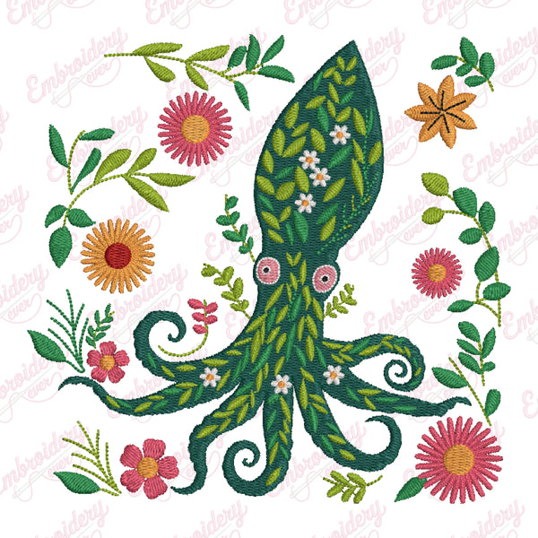 Floral Squid Fish Embroidery Design