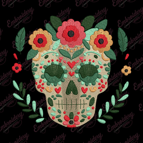 Floral Sugar Skull Embroidery Design