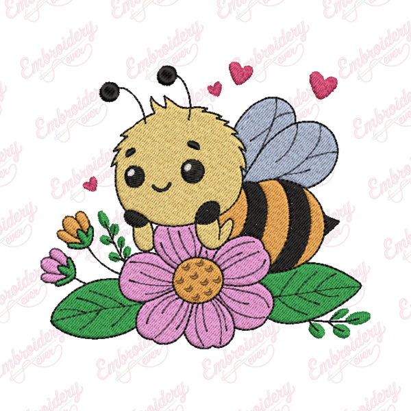 Cute Bee and Flower Embroidery Design