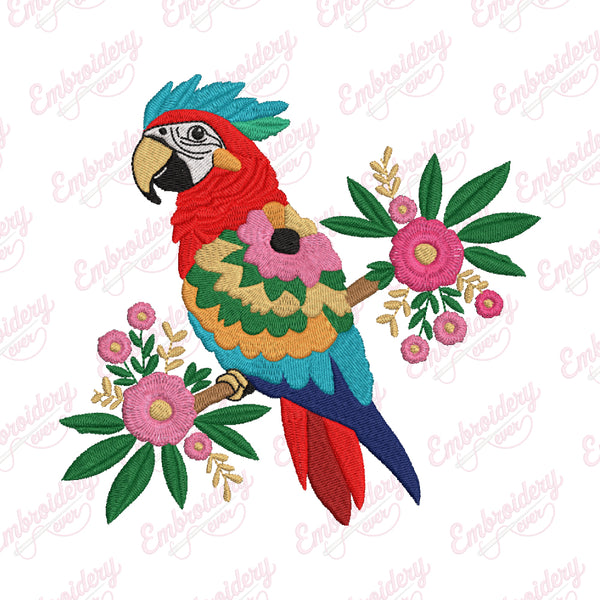 Floral Macaw Bird Embroidery Design