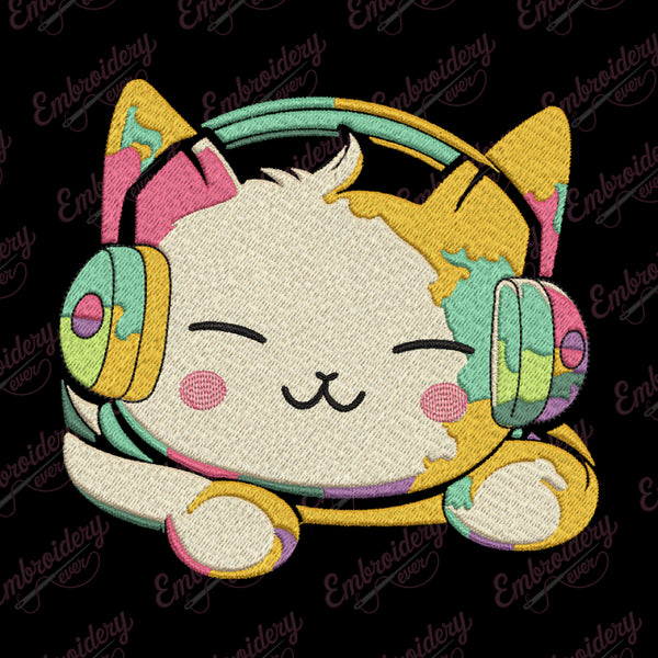 Colorful Cat Wearing Headphones Embroidery Design