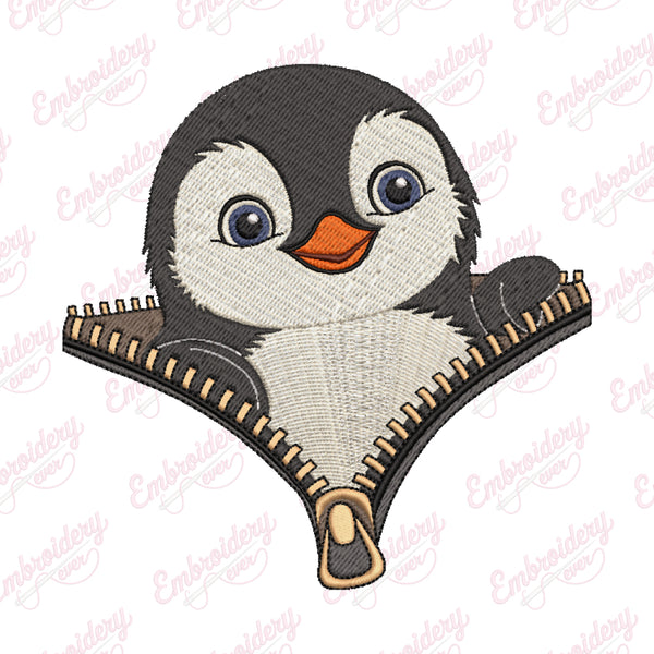 Cartoon Penguin With Zippers Embroidery Design