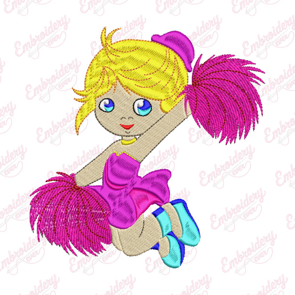 Cute Cheerleader With Pom Pom Embroidery Design