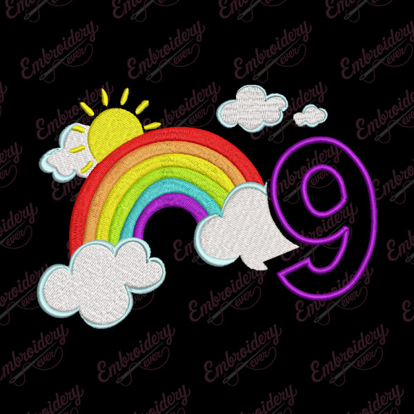Rainbow Birthday Number 9 Embroidery Design