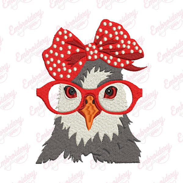Funny Chicken With Bow And Glasses Embroidery Design