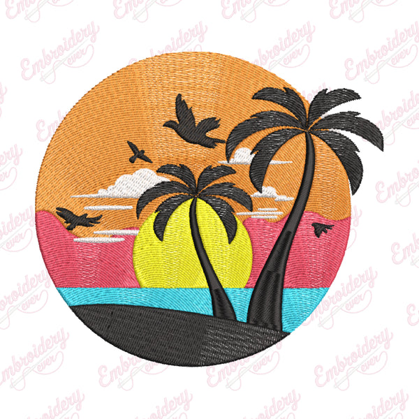 Sunset With Palm Trees Embroidery Design
