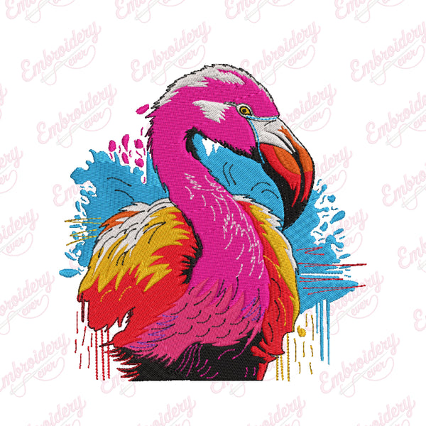 Neon Flamingo Splash Embroidery Design