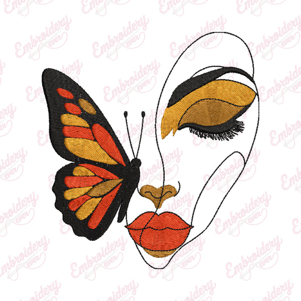 Face And Butterfly Abstract Line Art Embroidery Design