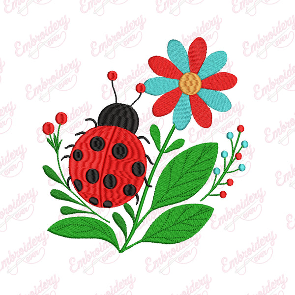 Ladybug Floral Wreath Embroidery Design