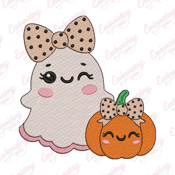 Cute Kawaii Halloween Ghost and Pumpkin Embroidery Design