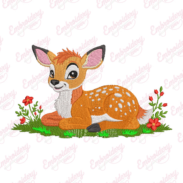 Cute Deer Sitting In The Grass Embroidery Design