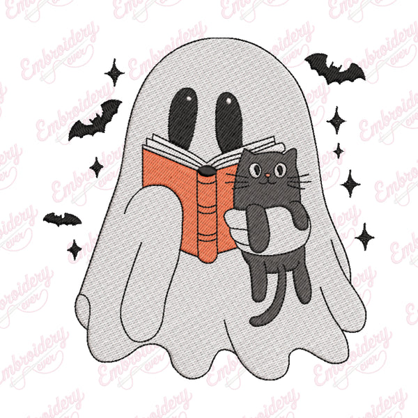Cute Ghost Reading Book Halloween Embroidery Design