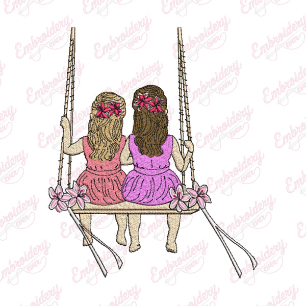 Two Cute Little Girls Sisters Swing On A Swing Embroidery Design