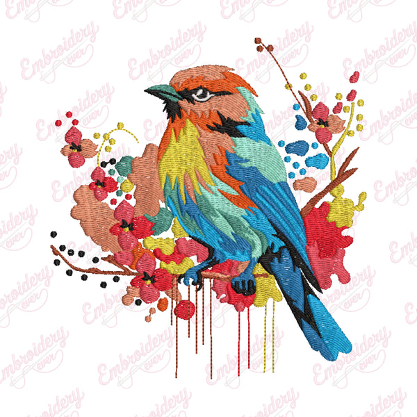 Beautiful Bird With Flowers Embroidery Design