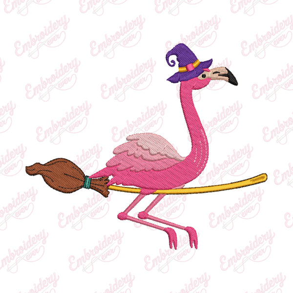 Flamingo Halloween Witch and Broomstick Embroidery Design