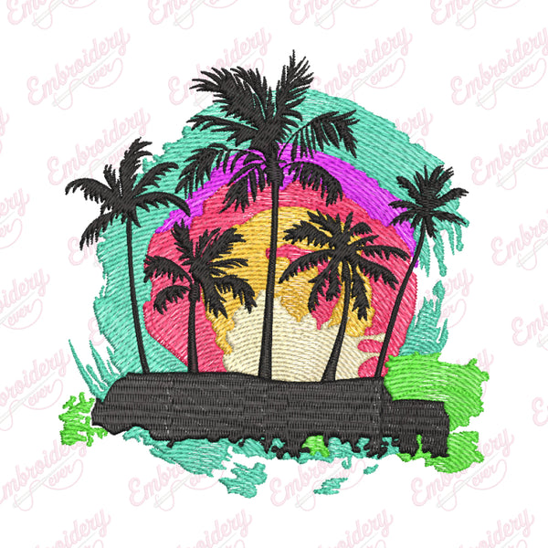 Retro Sunset Palm Tree Embroidery Design