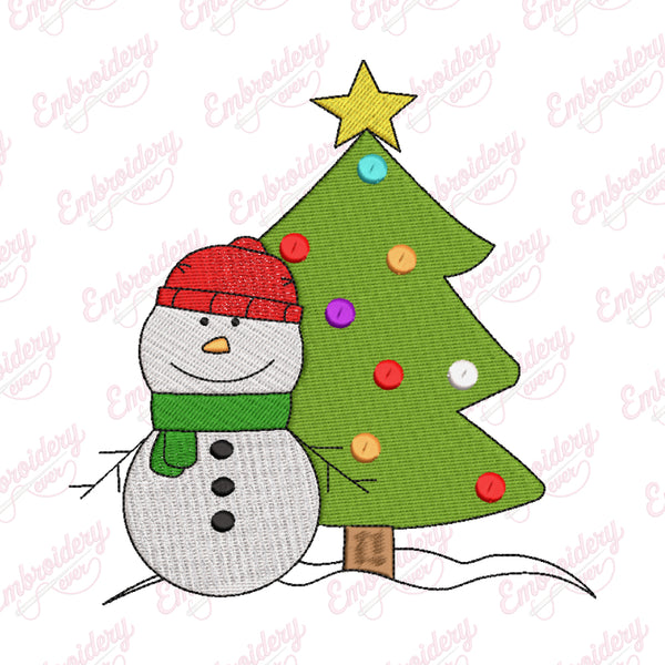 Snowman and Christmas Tree Embroidery Design