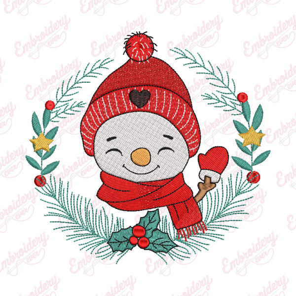 Christmas Snowman In Wreath Embroidery Design