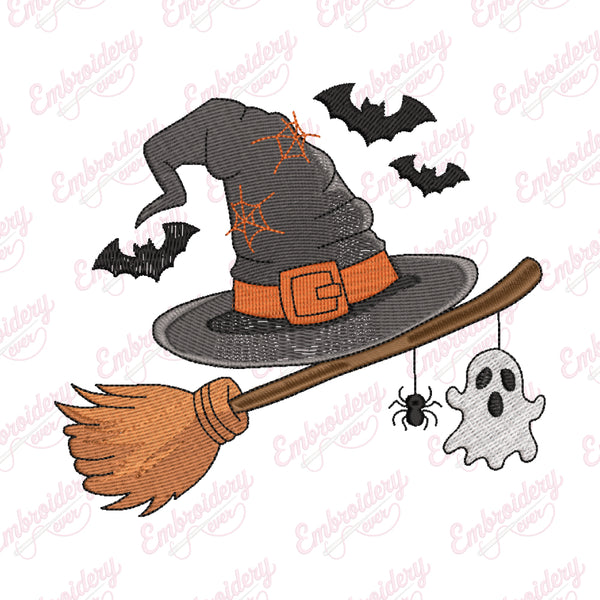 Halloween Witch Hat Broom Embroidery Design