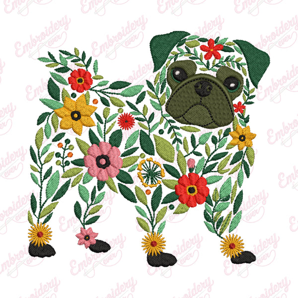 Colorful Botanical Pug Embroidery Design