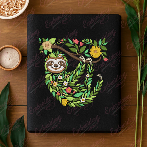 Tropical Leaves And Flowers Sloth Embroidery Design