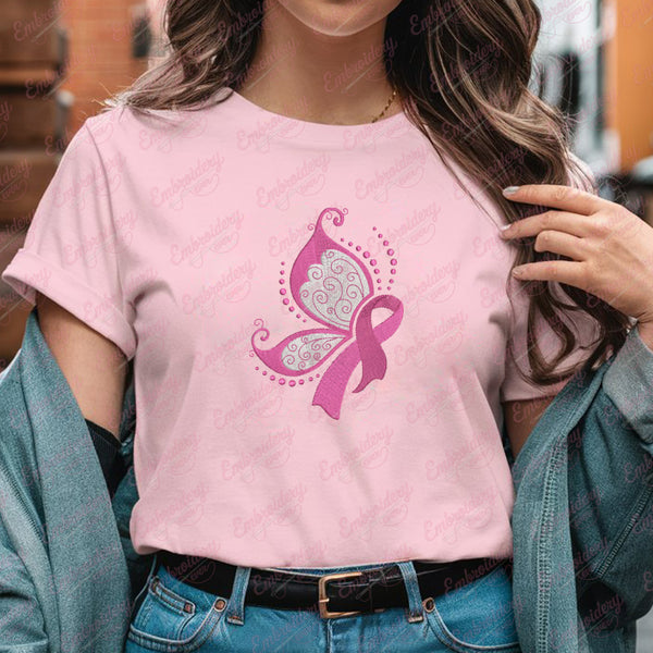 Breast Cancer Awareness Ribbon Butterfly Embroidery Design