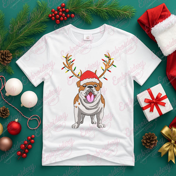 Christmas English Bulldog Reindeer Dog Embroidery Design