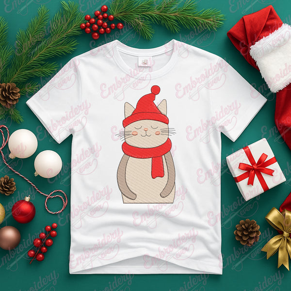Christmas Hat And Scarf Cat Embroidery Design