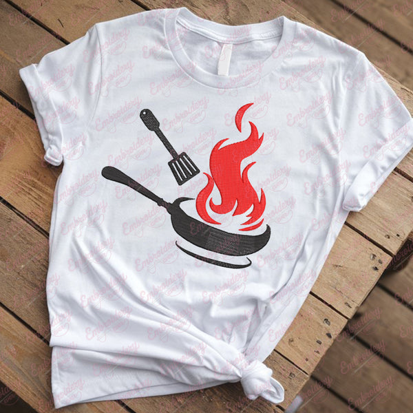 Frying Pan With Fire Cooking Kitchen Embroidery Design