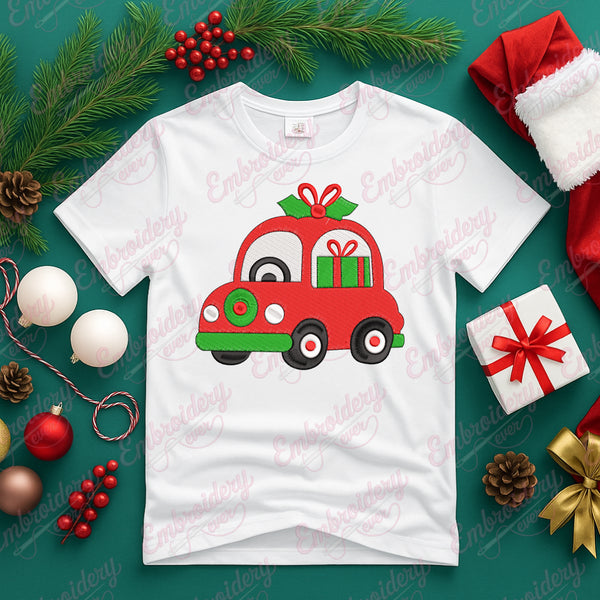 Red Christmas Car Embroidery Design