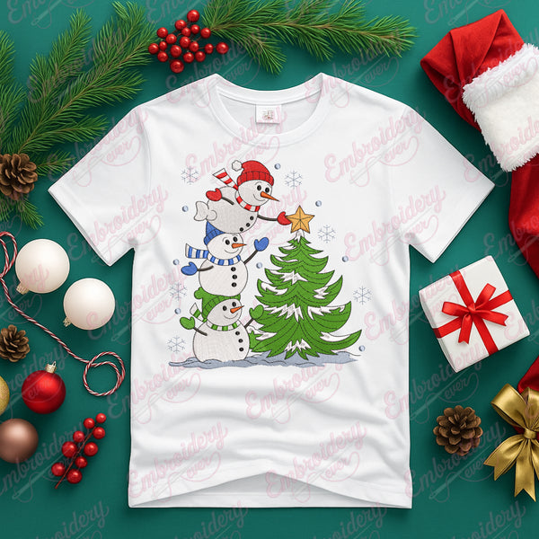 Snowmen Decorating Christmas Tree Embroidery Design