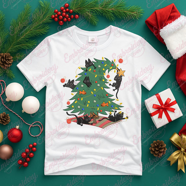 Naughty Black Kittens Christmas Tree Embroidery Design
