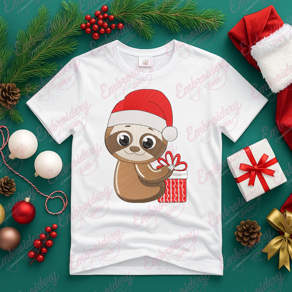 Christmas Sloth With Gift Embroidery Design