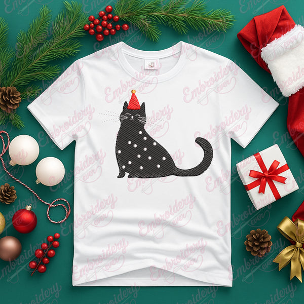 Black Cat In The Christmas Hat Embroidery Design