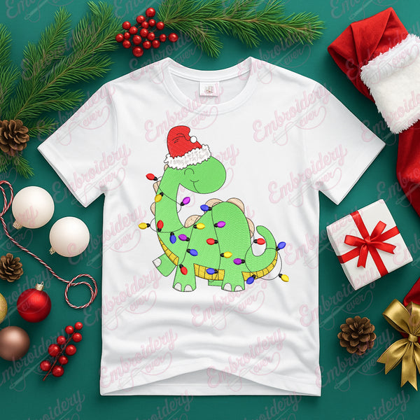 Little Dinosaur Christmas Lights Embroidery Design